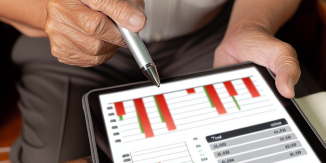 An investor analyzing investment returns on his tablet