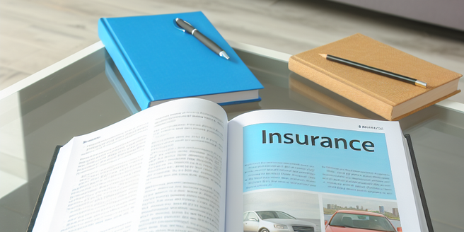 An open book on insurance basics placed on a coffee table