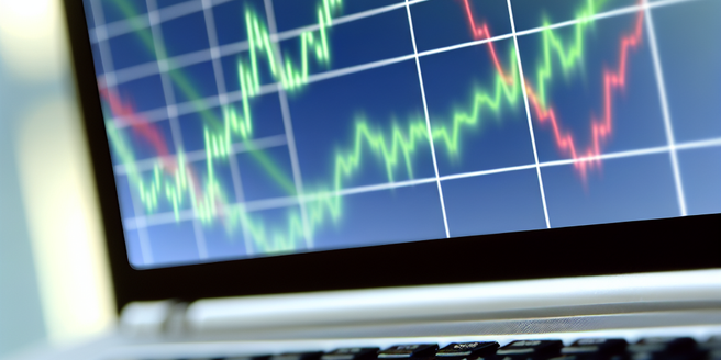 Close-up of a laptop screen displaying a line graph showing stock market trends