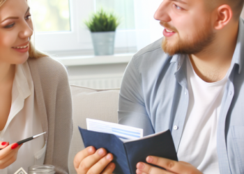Couple discussing finances with a focus on spending, saving, and managing debt, in their home