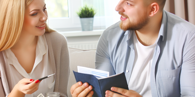 Couple discussing finances with a focus on spending, saving, and managing debt, in their home