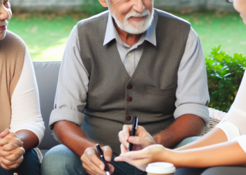 Elder couple discussing retirement goals with a financial advisor in a serene outdoor