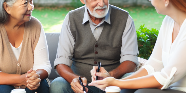Elder couple discussing retirement goals with a financial advisor in a serene outdoor