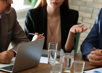 Financial advisors talking about investment strategies at a round table