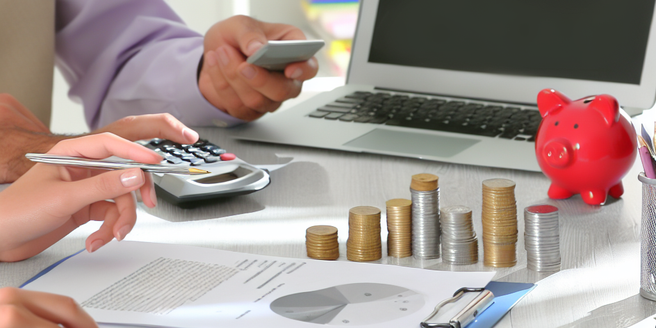 Personal finances being discussed with a home office background